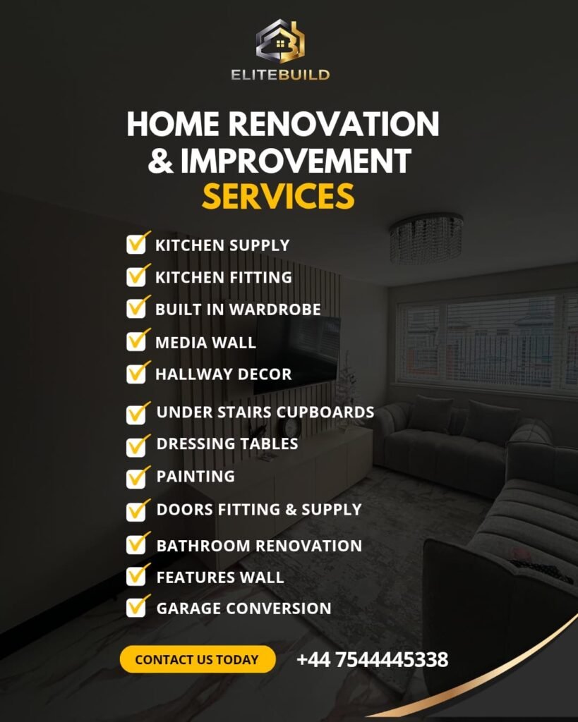 Contact Elite Build for home renovation and improvement services in Birmingham and the West Midlands, including kitchen fitting, bathroom renovation, bespoke interiors, and property refurbishments.Elite Build professional home renovation and improvement services in Birmingham and the West Midlands, including kitchen fitting, bathroom renovation, bespoke wardrobes, media walls, and full property refurbishments.Luxury home renovation and improvement services in Birmingham and the West Midlands by Elite Build, featuring kitchen fitting, bathroom renovation, bespoke wardrobes, media walls, feature walls, garage conversions, and high-quality interior refurbishment.